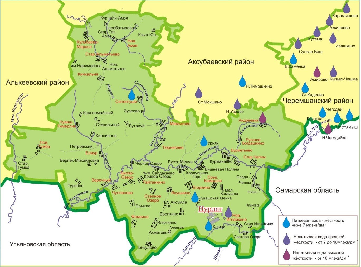 Карта Нурлатского района Республики Татарстан с деревнями